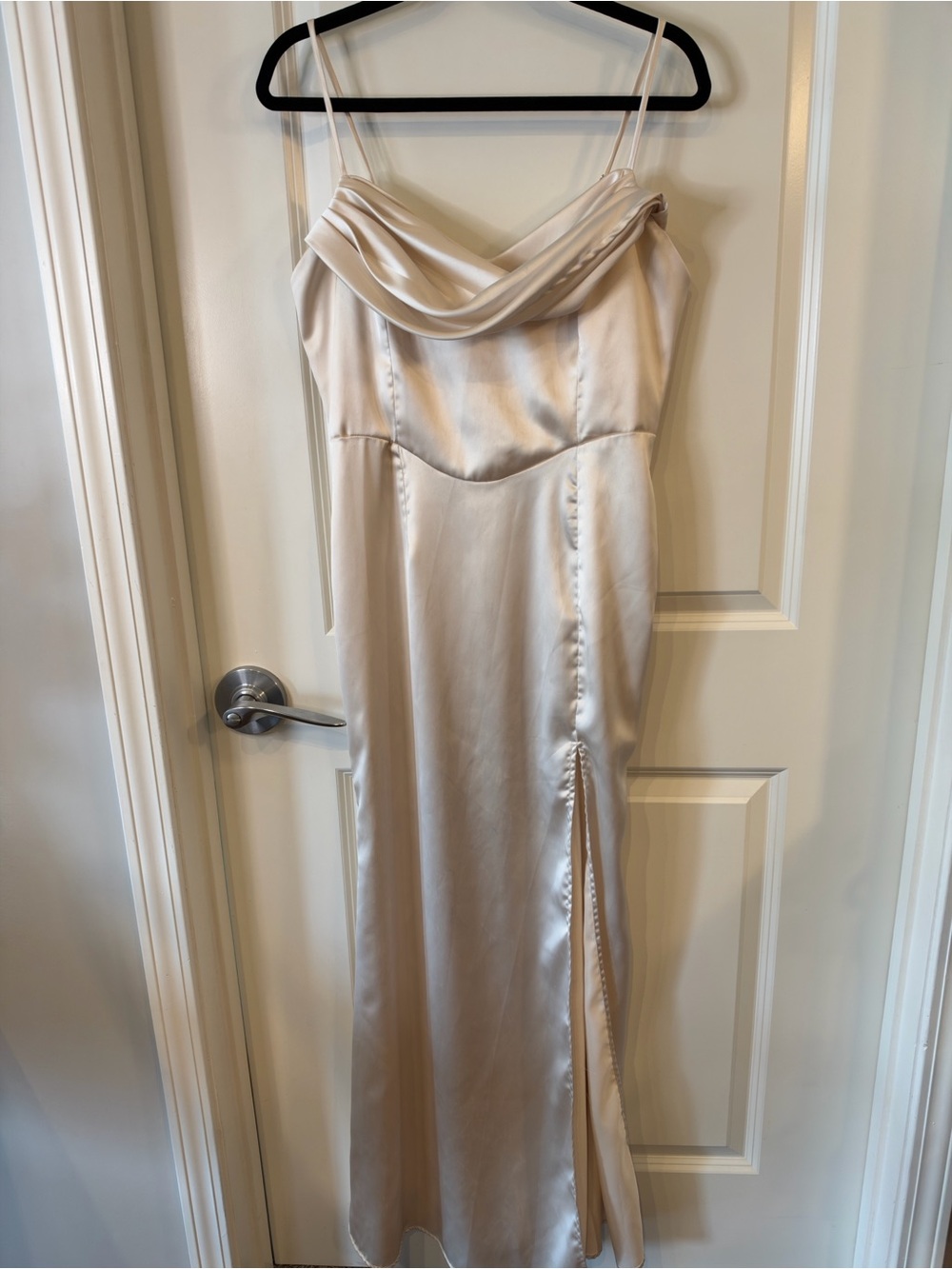 Champagne Satin Cowl Neck Maxi Dress with Spaghetti Straps & High Slit
